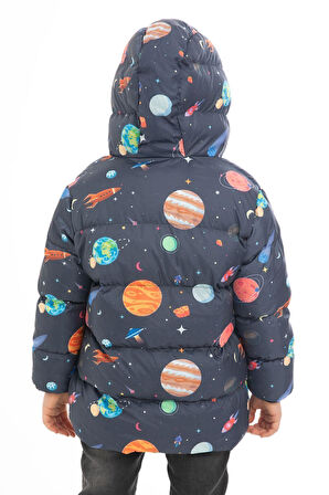 Spor Erkek Çocuk Polarlı Kapüşonlu Gezegen Yıldız Desenli Kışlık Şişme Mont & Kaban & Parka