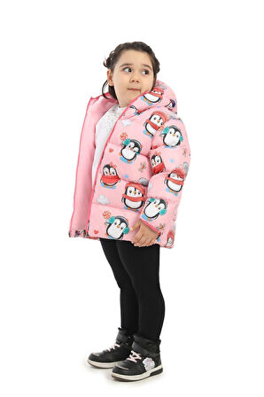 Spor Kız Çocuk Polarlı Kapüşonlu Penguen Şeker Desenli Kışlık Şişme Mont & Kaban & Parka