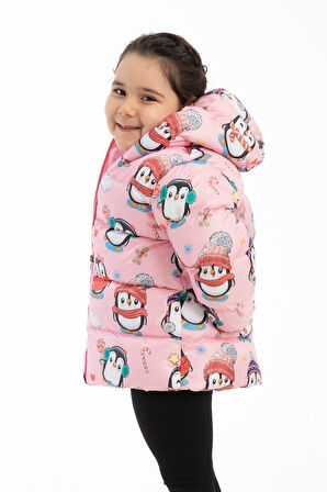 Spor Kız Çocuk Polarlı Kapüşonlu Penguen Şeker Desenli Kışlık Şişme Mont & Kaban & Parka