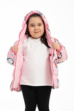 Spor Kız Çocuk Polarlı Kapüşonlu Penguen Şeker Desenli Kışlık Şişme Mont & Kaban & Parka
