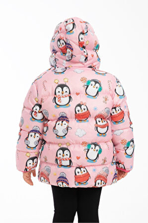 Spor Kız Çocuk Polarlı Kapüşonlu Penguen Şeker Desenli Kışlık Şişme Mont & Kaban & Parka