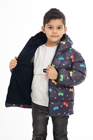 Spor Erkek Çocuk Polarlı Kapüşonlu Araba Yıldız Ay Desenli Kışlık Şişme Mont & Kaban & Parka