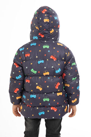 Spor Erkek Çocuk Polarlı Kapüşonlu Araba Yıldız Ay Desenli Kışlık Şişme Mont & Kaban & Parka