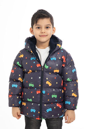 Spor Erkek Çocuk Polarlı Kapüşonlu Araba Yıldız Ay Desenli Kışlık Şişme Mont & Kaban & Parka
