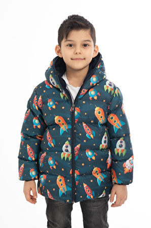 Spor Erkek Çocuk Polarlı Kapüşonlu Roket Desenli Kışlık Şişme Mont & Kaban & Parka