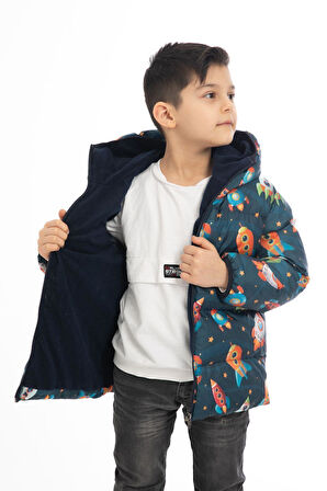Spor Erkek Çocuk Polarlı Kapüşonlu Roket Desenli Kışlık Şişme Mont & Kaban & Parka