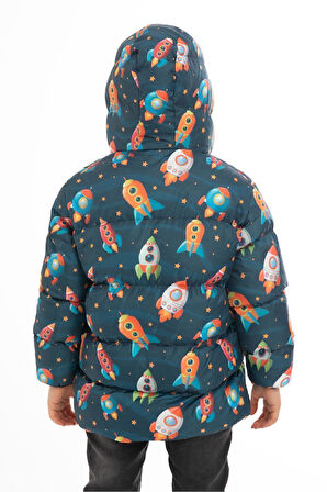Spor Erkek Çocuk Polarlı Kapüşonlu Roket Desenli Kışlık Şişme Mont & Kaban & Parka