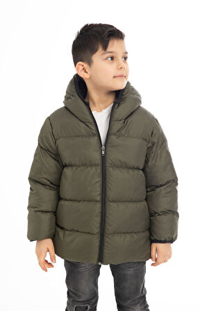 Spor Erkek Çocuk Polarlı Kürklü Kapüşonlu Su Geçirmez Rüzgara Dayanıklı Şişme Kışlık Mont