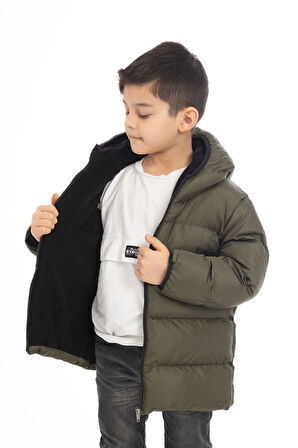 Spor Erkek Çocuk Polarlı Kürklü Kapüşonlu Su Geçirmez Rüzgara Dayanıklı Şişme Kışlık Mont