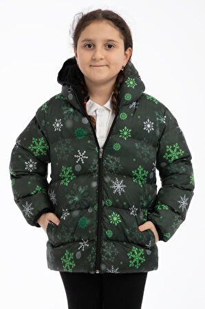 Spor Kız Çocuk Dijital Desen Polar Su ve Rüzgar Geçirmez Kapüşonlu Şişme Kışlık Mont