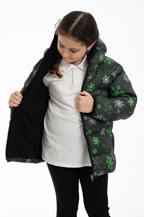 Spor Kız Çocuk Dijital Desen Polar Su ve Rüzgar Geçirmez Kapüşonlu Şişme Kışlık Mont