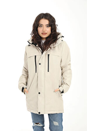 Spor Kadın Polarlı Su Ve Rüzgar Geçirmez Kapüşonlu Kışlık Mont & Kaban & Parka