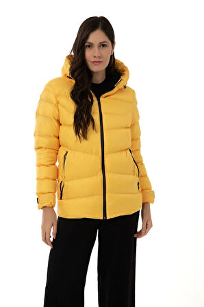 Spor Kadın Kapüşonlu Polarlı Kürklü Su Geçirmez Rüzgara Dayanıklı Şişme Mont Kaban Parka