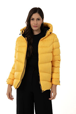 Spor Kadın Kapüşonlu Polarlı Kürklü Su Geçirmez Rüzgara Dayanıklı Şişme Mont Kaban Parka