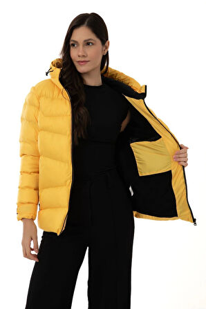 Spor Kadın Kapüşonlu Polarlı Kürklü Su Geçirmez Rüzgara Dayanıklı Şişme Mont Kaban Parka