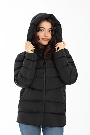 Spor Kadın Kapüşonlu Polarlı Kürklü Su Geçirmez Rüzgara Dayanıklı Şişme Mont Kaban Parka