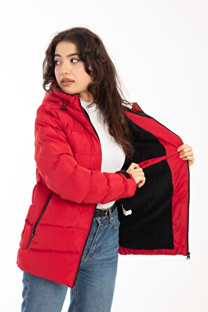 Spor Kadın Kapüşonlu Polarlı Kürklü Su Geçirmez Rüzgara Dayanıklı Şişme Mont Kaban Parka