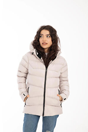 Spor Kadın Kapüşonlu Polarlı Kürklü Su Geçirmez Rüzgara Dayanıklı Şişme Mont Kaban Parka