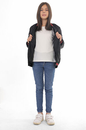 Spor Kız Çocuk Kolej Yaka Astarlı Su ve Rüzgar Geçirmez Fermuarlı Cep Mont Ceket