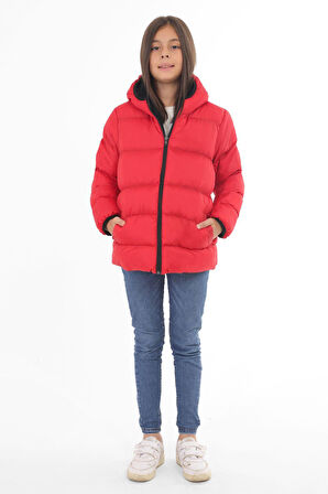 Spor Kız Çocuk Polarlı Kapüşonlu Su Geçirmez Rüzgara Dayanıklı Cepli Şişme Kışlık Mont