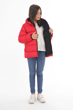 Spor Kız Çocuk Polarlı Kapüşonlu Su Geçirmez Rüzgara Dayanıklı Cepli Şişme Kışlık Mont