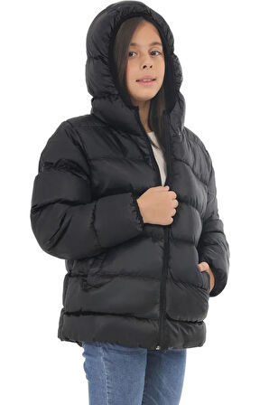 Spor Kız Çocuk Polarlı Kapüşonlu Su Geçirmez Rüzgara Dayanıklı Cepli Şişme Kışlık Mont