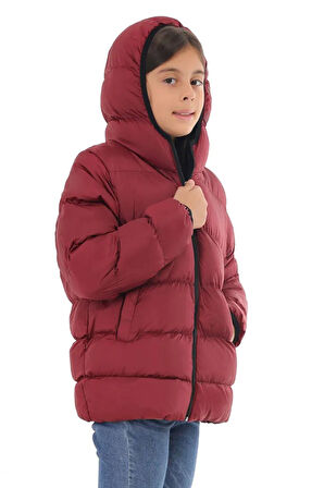 Spor Kız Çocuk Polarlı Kapüşonlu Su Geçirmez Rüzgara Dayanıklı Cepli Şişme Kışlık Mont