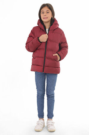 Spor Kız Çocuk Polarlı Kapüşonlu Su Geçirmez Rüzgara Dayanıklı Cepli Şişme Kışlık Mont