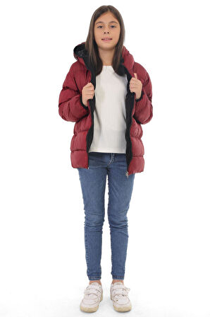 Spor Kız Çocuk Polarlı Kapüşonlu Su Geçirmez Rüzgara Dayanıklı Cepli Şişme Kışlık Mont