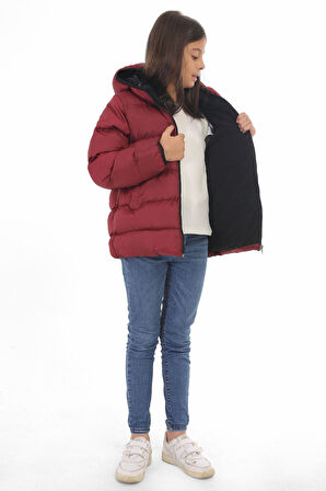 Spor Kız Çocuk Polarlı Kapüşonlu Su Geçirmez Rüzgara Dayanıklı Cepli Şişme Kışlık Mont