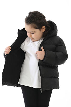 Spor Kız Çocuk Polarlı Kapüşonlu Su Geçirmez Rüzgara Dayanıklı Şişme Kışlık Mont & Kaban