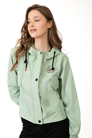 Spor Kadın Su Yeşili Su Geçirmez Ve Rüzgara Dayanıklı Kapüşonlu Cepli Çıt Çıtlı Mevsimlik Yağmurluk