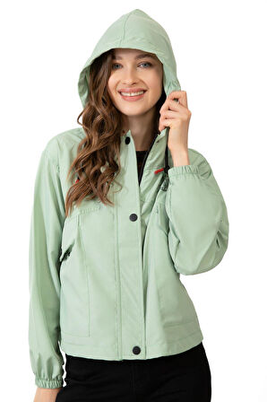 Spor Kadın Su Yeşili Su Geçirmez Ve Rüzgara Dayanıklı Kapüşonlu Cepli Çıt Çıtlı Mevsimlik Yağmurluk