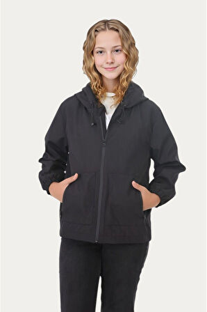 Kız Çocuk Astarlı Su ve Rüzgar Geçirmez Kapüşonlu Çift Fermuarlı Cepli Yağmurluk