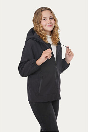 Kız Çocuk Astarlı Su ve Rüzgar Geçirmez Kapüşonlu Çift Fermuarlı Cepli Yağmurluk