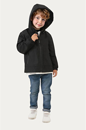Erkek Çocuk Astarlı Su ve Rüzgar Geçirmez Kapüşonlu Çift Fermuarlı Cepli Yağmurluk