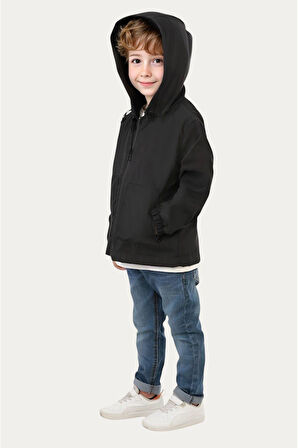 Erkek Çocuk Astarlı Su ve Rüzgar Geçirmez Kapüşonlu Çift Fermuarlı Cepli Yağmurluk