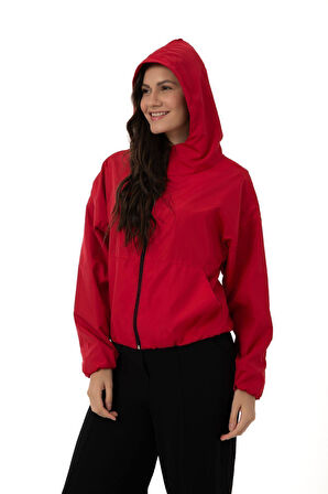 Spor Kadın Kapüşonlu Su ve Rüzgar Geçirmez Cepli Astarlı Oversize Mevsimlik Yağmurluk