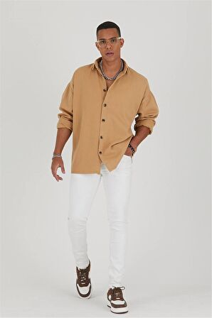 Bej Erkek Gabardin Oversize Gömlek