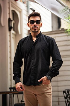 Slim Fit Kadife Gömlek - Siyah