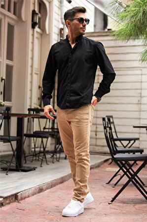 Slim Fit Kadife Gömlek - Siyah