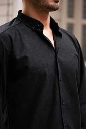 Slim Fit Kadife Gömlek - Siyah