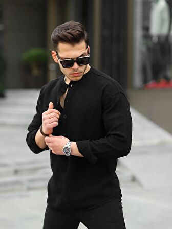 Yarım Pat Hakim Yaka Oversize Müslin Kumaş Gömlek - Siyah