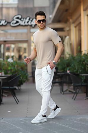 Zincir Detaylı Lastik Bel Örme Desenli Pantolon - Beyaz