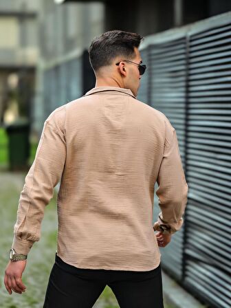 Apaş Yaka Oversize Müslin Kumaş Gömlek - Bej