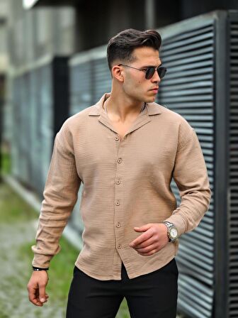 Apaş Yaka Oversize Müslin Kumaş Gömlek - Bej