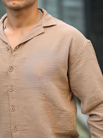 Apaş Yaka Oversize Müslin Kumaş Gömlek - Bej