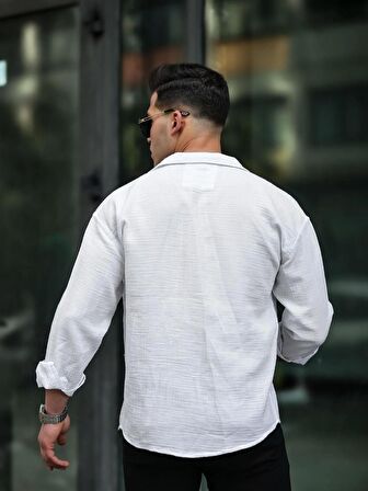 Apaş Yaka  Oversize Müslin Kumaş Gömlek - Beyaz