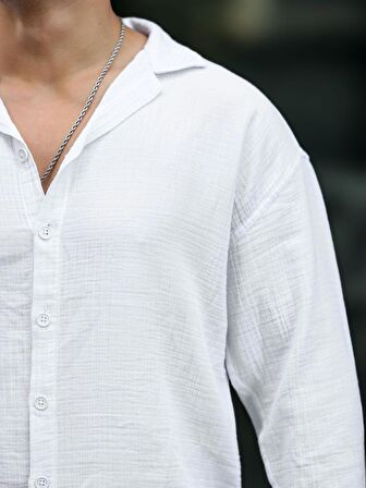 Apaş Yaka  Oversize Müslin Kumaş Gömlek - Beyaz