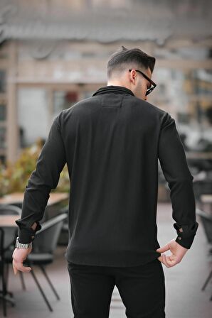 Fitilli Bowling Yaka Uzun Kollu Gömlek - Siyah